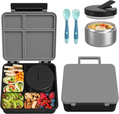 Pawtong Bento Lunch Box with 8oz Soup Thermo, Kids Leakproof Lunch Food Containers with 4 Compartment, Kids Thermo Insulated Hot Food Jar for School, Trvael - (Pink)