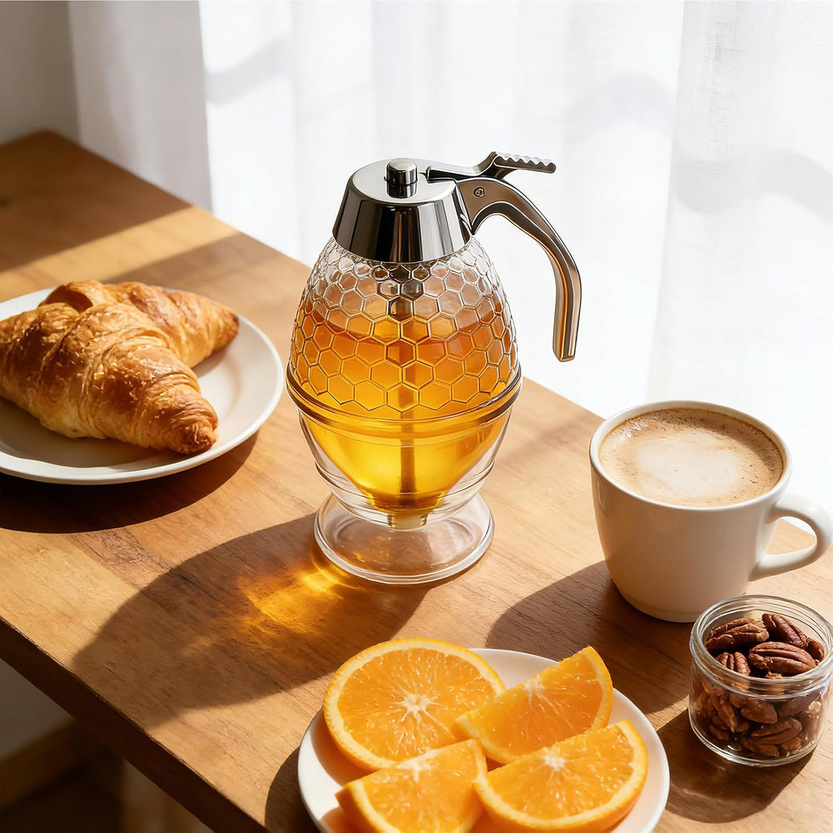 Honey Dispenser, No Drip Glass with Stand, Maple Syrup Honey Container, Elegant Honeycomb Design for Home Decor for Any Occasion