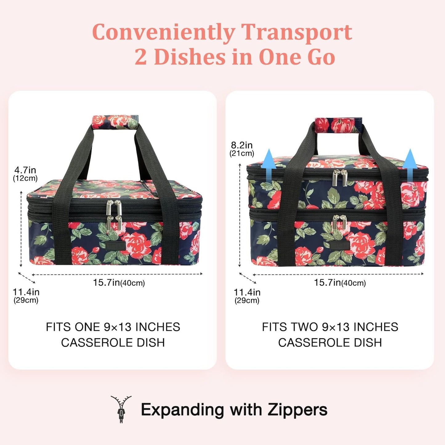 Expandable Casserole Carrier Bag - Double Decker Food Bag, Insulated Casserole Carrier for Hot or Cold Food, Lasagna Holder Tote for Picnics,Beaches,Traveling or Gifts