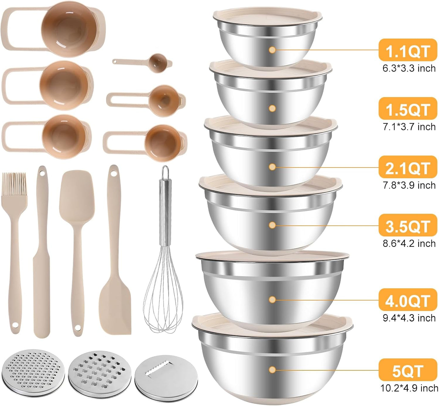 20-Piece Mixing Bowls Set with Airtight Lids – 6 Stainless Steel Kitchen Bowls (4.5QT, 4QT, 3.5QT, 2.1QT, 1.5QT, 1.1QT), 3 Grater Attachments, Non-Slip Silicone Bottoms, Perfect for Baking & Serving