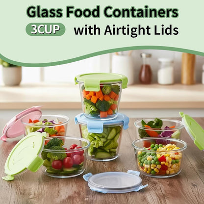 Small Round Glass Food Storage Containers with Lids, 1.5 Cup Round Food Containers set BPA-Free, 12oz Glass Lunch Bowls for Soup Leftover, Microwave, Dishwasher and Freezer Safe (4pack)