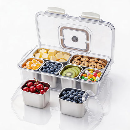 6-Compartment 304 Stainless Steel Snackle Box with Lid & Handle, Divided Serving Tray for Fruit, Veggie, Candy, Nuts – Portable Snack Container for Travel, Picnic, Beach, Party