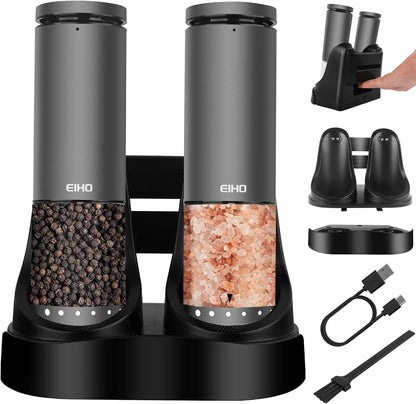 EIHO Electric Salt and Pepper Grinder Set USB Rechargeable, Upgraded External Adjustable Coarseness, Stainless Steel Automatic Salt and Pepper Shakers Mills with LED Light, House Warming Cooking Gifts