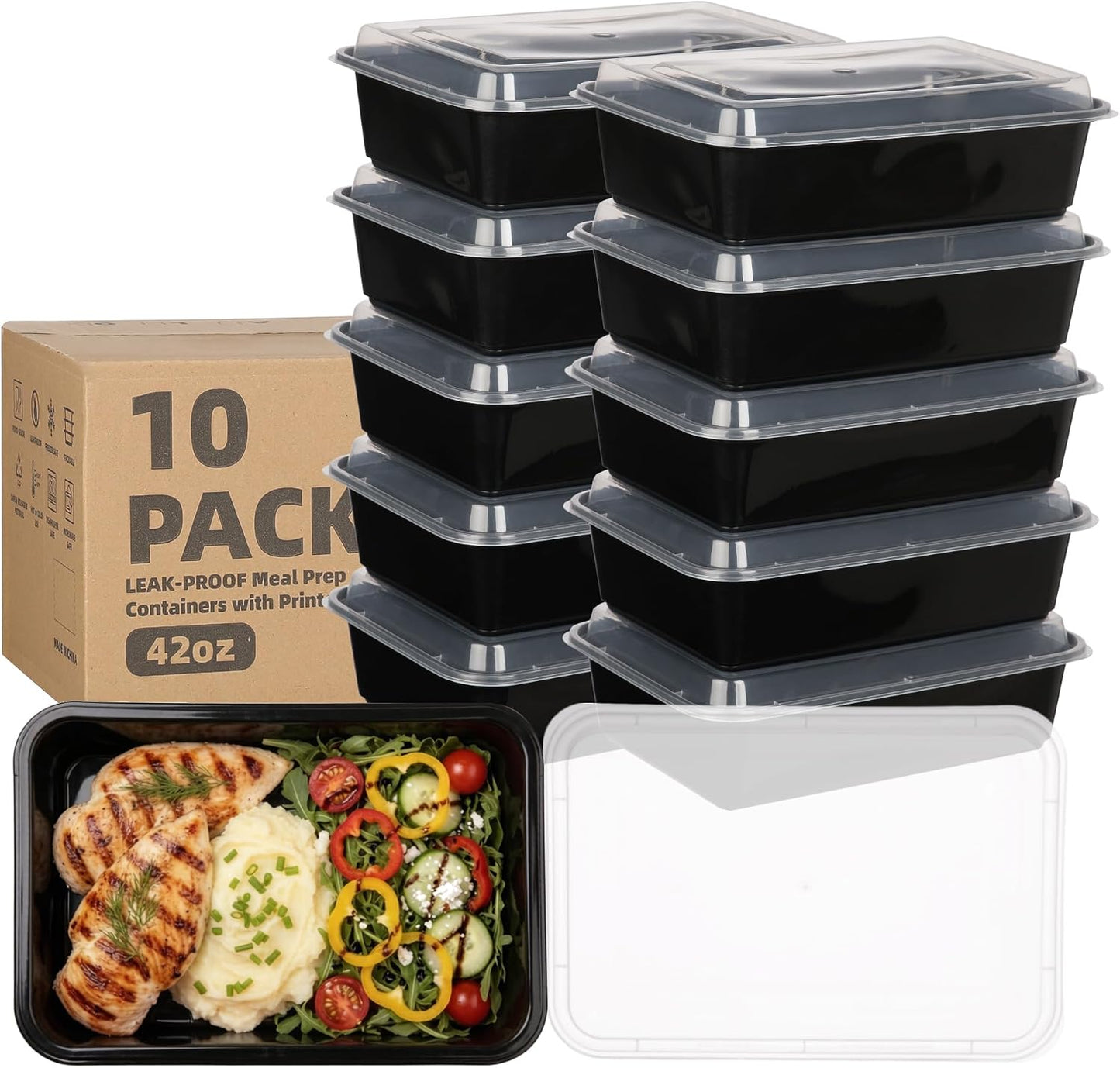 10 Pack 42 oz Meal Prep Containers, Reusable Plastic Food Prep Storage Containers with Printed Lids, Stackable, Leakproof, Microwave & Freezer & Dishwasher Safe,To Go Take Out Box