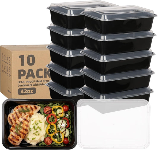 10 Pack 42 oz Meal Prep Containers, Reusable Plastic Food Prep Storage Containers with Printed Lids, Stackable, Leakproof, Microwave & Freezer & Dishwasher Safe,To Go Take Out Box