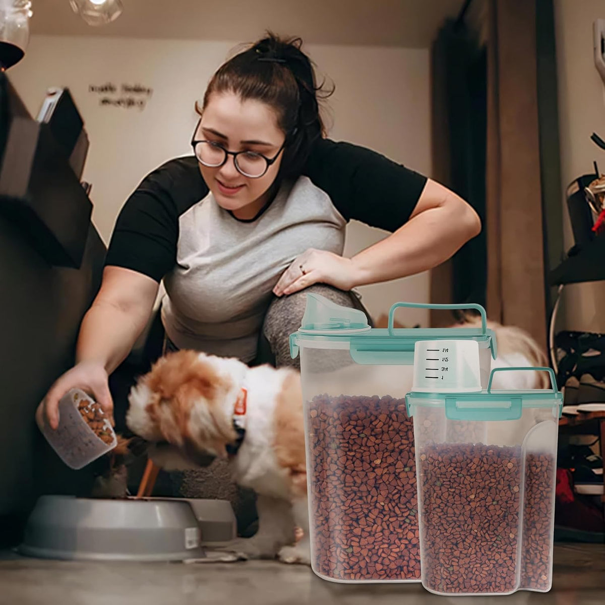 LEAWALK 5-7Lbs Dog Cat Food Storage Container with Upgraded Large Nozzle BPA-free, 4 Snap Seals Plastic Pet Food Storage Containers with Handles are Easy to Clean and Carry