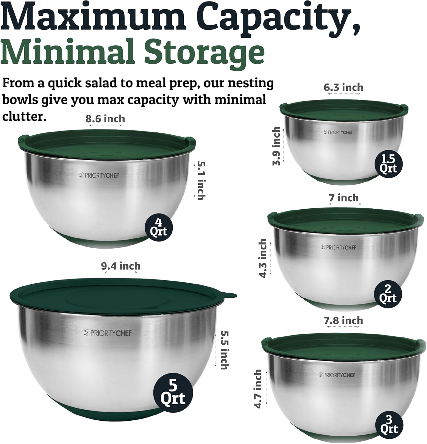 Priority Chef Stainless Steel Mixing Bowls with Lids Set, Metal Nesting Bowls with Airtight Lids, Graters, Non-Slip Base & Measurement Marks, Includes Utensil Set for Prep, Baking & Storage, Black