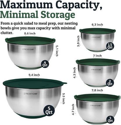 Priority Chef Stainless Steel Mixing Bowls with Lids Set, Metal Nesting Bowls with Airtight Lids, Graters, Non-Slip Base & Measurement Marks, Includes Utensil Set for Prep, Baking & Storage, Black