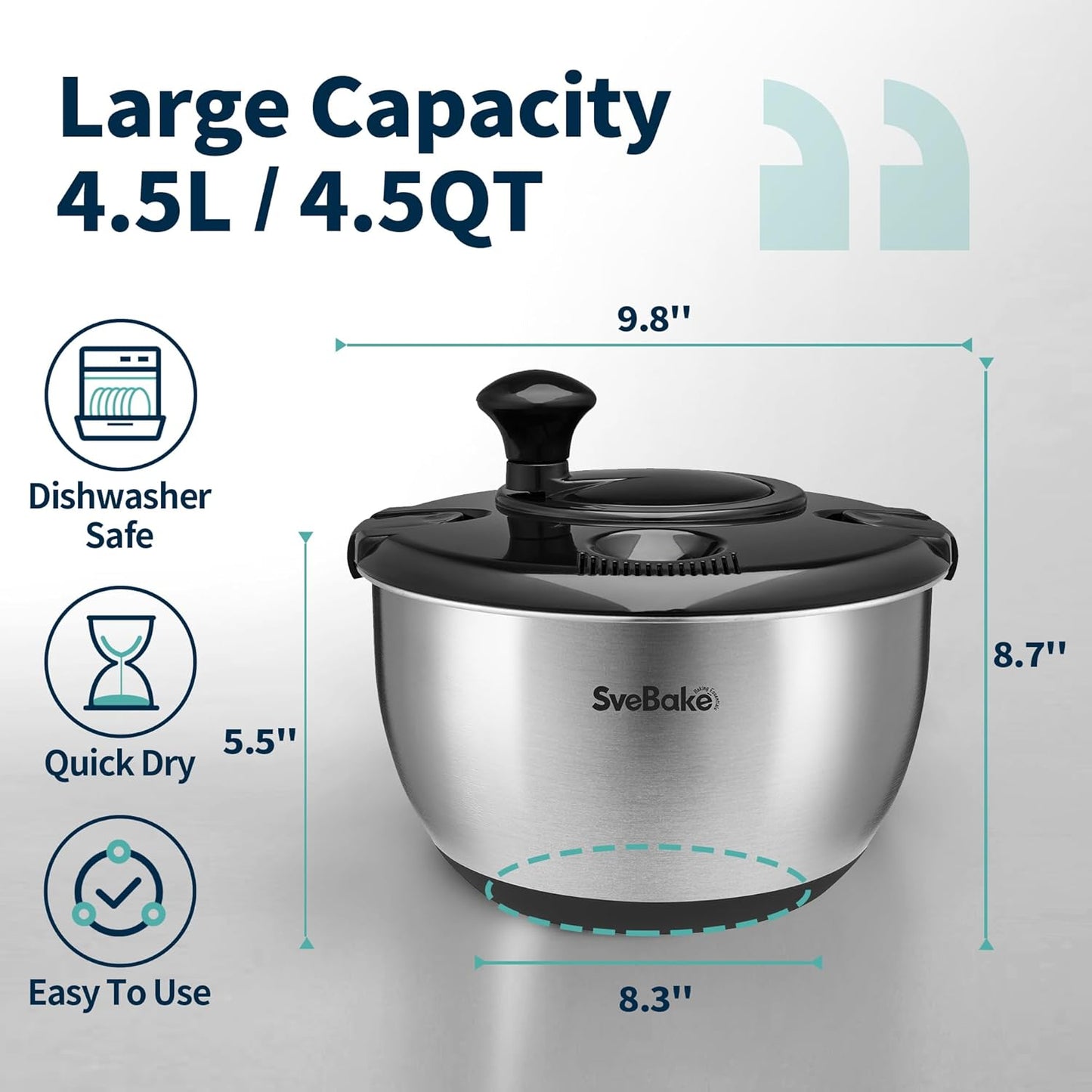 Stainless Steel Salad Spinner, 4.8 Qt Vegetable Washer, BPA-Free Lettuce Dryer with Crank Design, Dishwasher Safe, Non-Slip Base - Transparent Lid