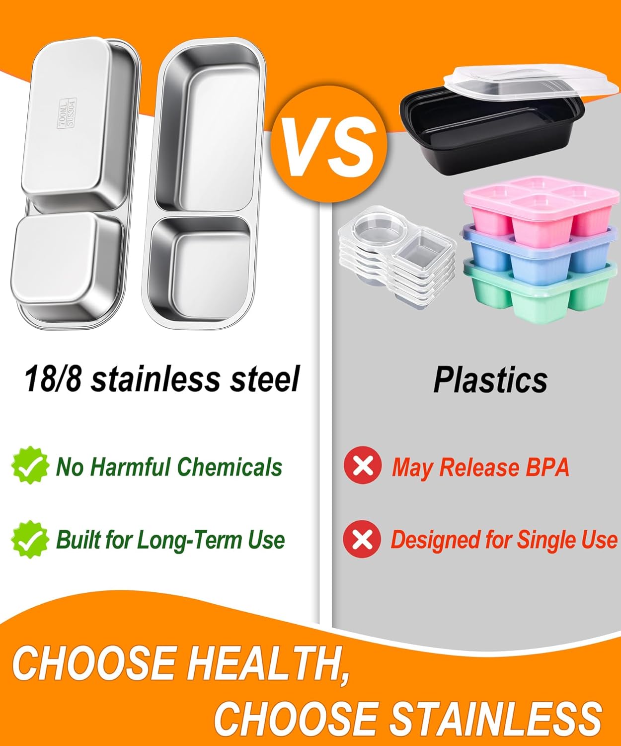 KTKUDY Stainless Steel Snack Container for Kids & Adults - Large - Leak-Proof 3-Compartment Stackable Snack Lunch Box for Daycare, School, Work & Travel