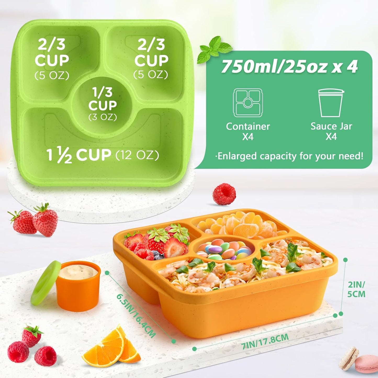 Bento Snack Box Containers for Adults Kids, 4 Pack Lunchable Meal Prep Containers Reusable, Stackable Bento Lunch Box, Food Storage Prep Containers with Lids and 4 Sauce Cups, Pastel Color, Clear Lid