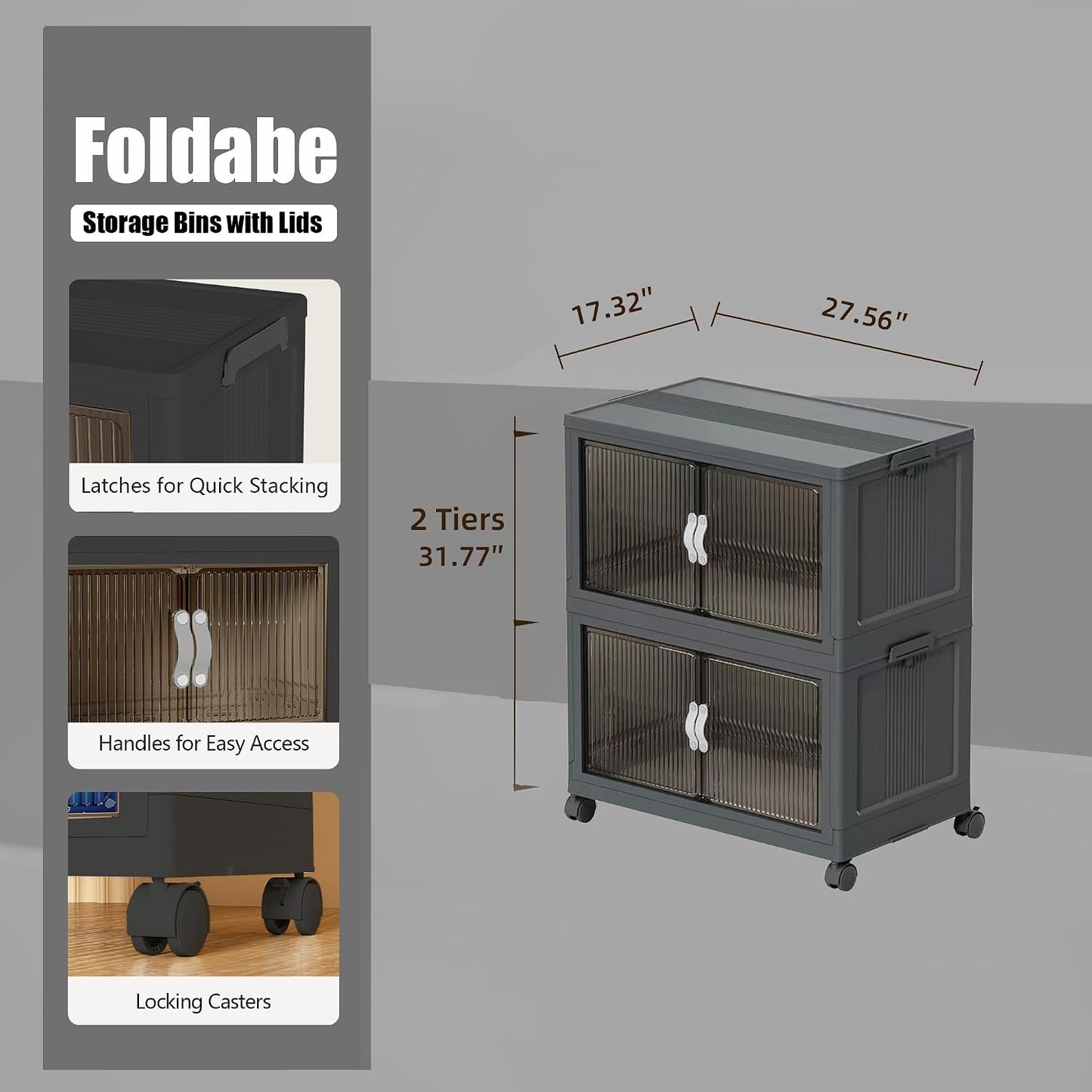 51QT Stackable Storage Bins with Lids & Wheels - Foldable Cabinet Clear Door Plastic Organizer Containers for Home, Garage, Pantry Organization - Collapsible Design Gray 5T