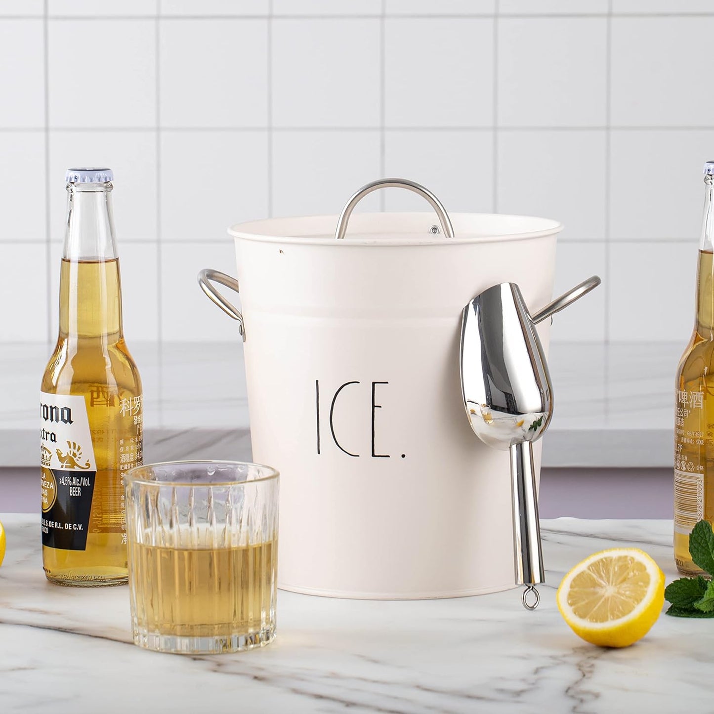 Rae Dunn Ice Bucket with Scoop - Stainless Steel Bucket with Handle, Lid and Ice Scooper - 4 Qt. Storage Bin for Ice Cubes for Bars, Parties, Backyard Barbeques, Picnics, and Camping (Black)