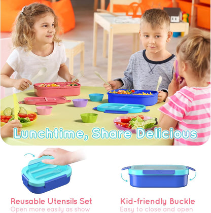 Lunch Box Kid Adult Bento Box, 4-Compartment Food Lunch Containers with Fork & Spoon, BPA Free, Leak-Proof Bento-Style Lunch Box for Work School, Microwave & Dishwasher Safe (Candy)