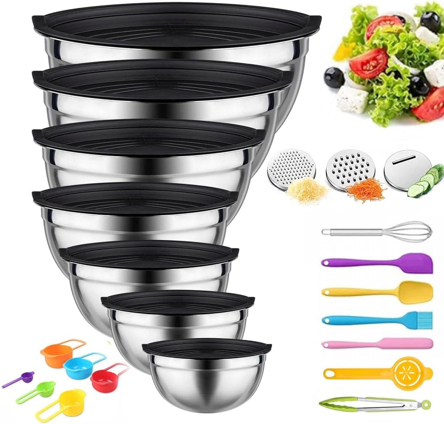 Mixing Bowls with Lids Set, Stainless Steel, 7 Sizes (0.7-4.5QT), with 3 Grater Attachments, Nesting, Dishwasher Safe, for Cooking, Baking and Serving (Khaki-7 Sizes)