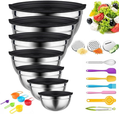 Mixing Bowls with Lids Set, Stainless Steel, 7 Sizes (0.7-4.5QT), with 3 Grater Attachments, Nesting, Dishwasher Safe, for Cooking, Baking and Serving (Khaki-7 Sizes)