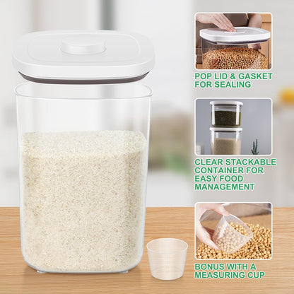 TBMax Large Airtight Food Container 5.28 Qt with Pop Up Lid & Measuring Cup, Ideal for 10 Lbs of Rice or 7 Lbs of Flour, Square Short Food Storage Bin for Kitchen Pantry and Drawer Organization