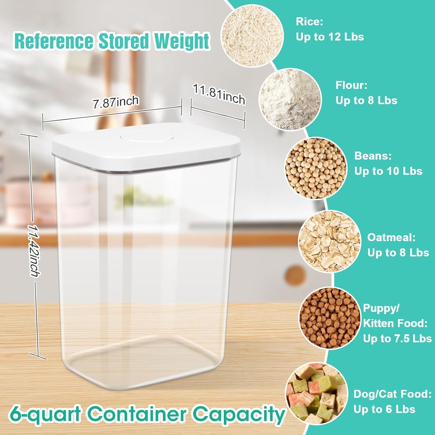 TBMax Large Airtight Food Container 5.28 Qt with Pop Up Lid & Measuring Cup, Ideal for 10 Lbs of Rice or 7 Lbs of Flour, Square Short Food Storage Bin for Kitchen Pantry and Drawer Organization