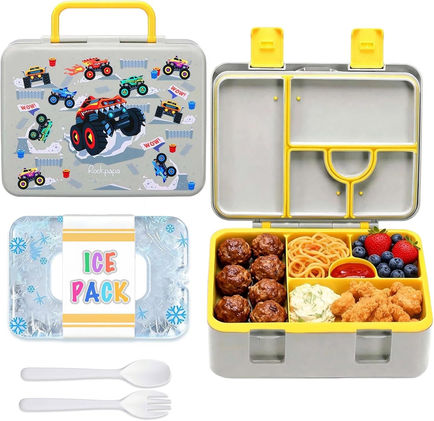 rockpapa Chill Bento Box for Kids- Large 5.5 Cups Lunch Box with Ice Pack - 5 Compartments, BPA-Free, Leak Proof, with Utensils & Portable Handle, Microwave/Dishwasher Safe (Purple Butterfly)