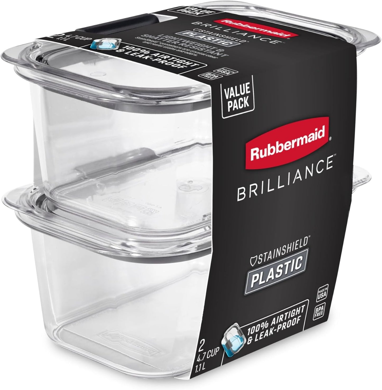 Rubbermaid Brilliance BPA Free Airtight Food Storage Containers with Lids, Set of 4 (4.7 Cup) Ideal for Lunch, Meal Prep, and Leftovers