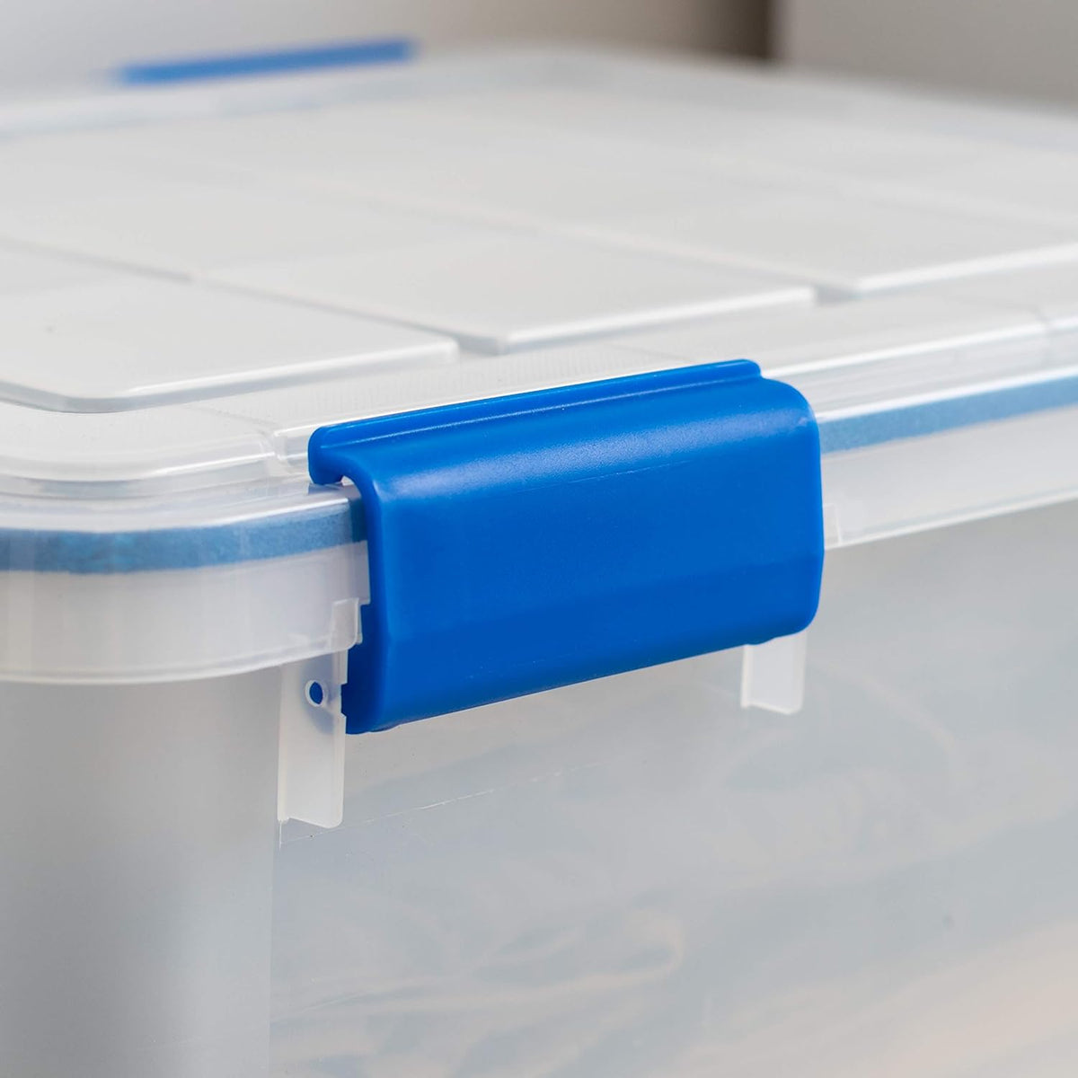IRIS USA WeatherPro 16 Qt Storage Bins with Lids, 3 Pack, BPA-Free Plastic Gasket Box with Tight Latch and Seal, Stackable Nestable Tote Tub - Clear/Blue