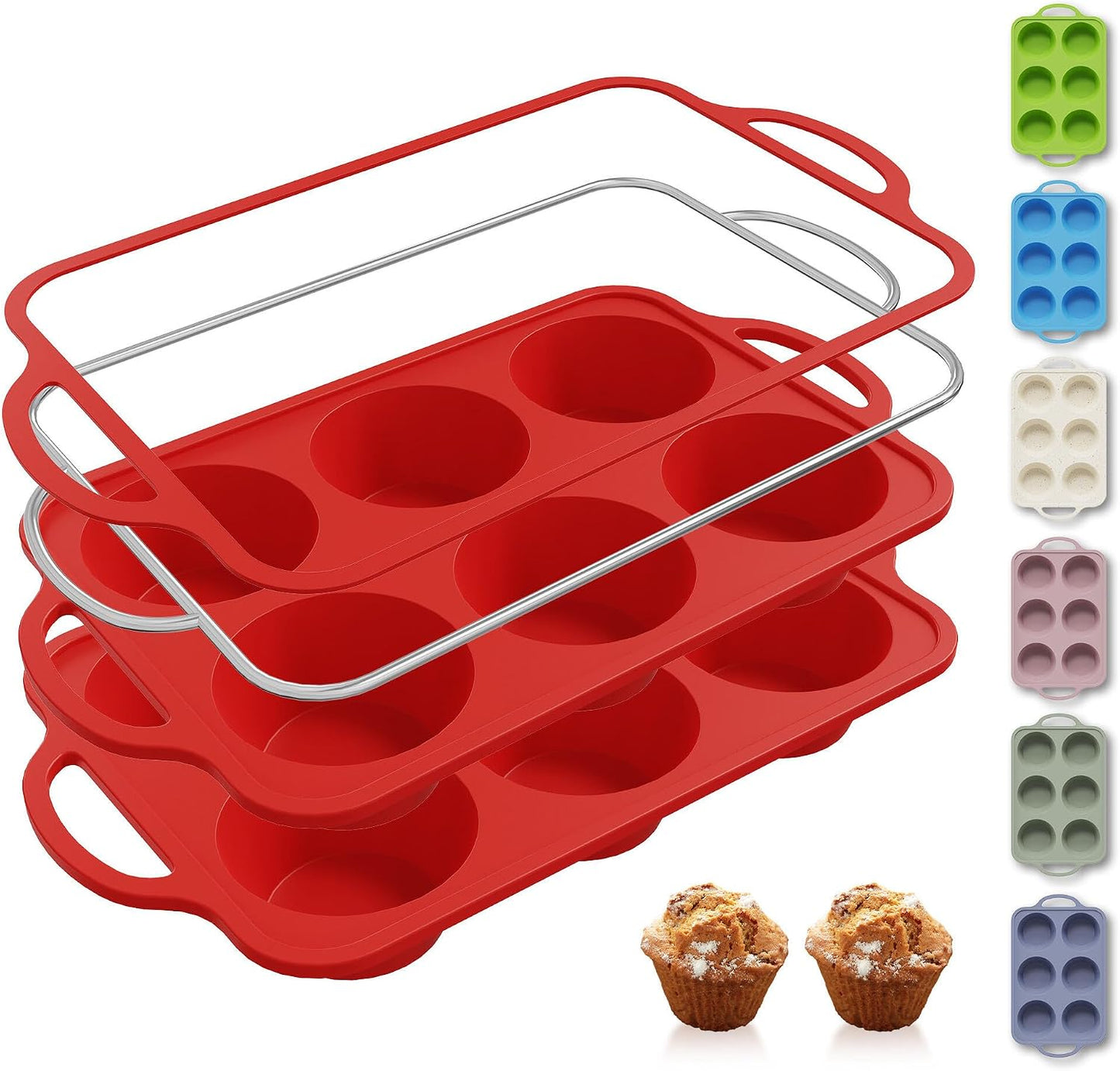 2 Packs 12 Cups Silicone Muffin Pan for Baking with Metal Reinforced Frame Regular Size Cupcake Pan Tray Egg Bites Silicone Cookie Molds Muffin Tin Tart Pans Sheet Set for Oven Dishwasher Safe