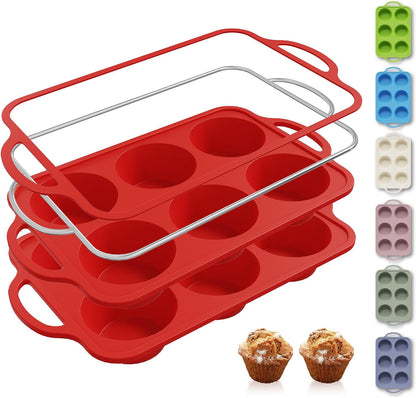 2 Packs 12 Cups Silicone Muffin Pan for Baking with Metal Reinforced Frame Regular Size Cupcake Pan Tray Egg Bites Silicone Cookie Molds Muffin Tin Tart Pans Sheet Set for Oven Dishwasher Safe