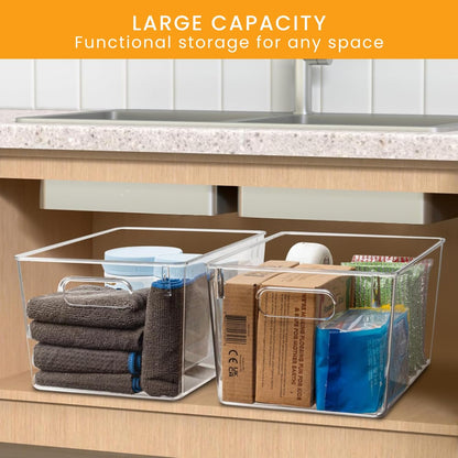 Stackable Refrigerator Organizer Large Bins, 6 Pack (3 Different Size) Clear Kitchen Organizer Container Bins with Handles for Pantry, Cabinets, Shelves, Drawer, Freezer, Fridge - Food Safe, BPA Free
