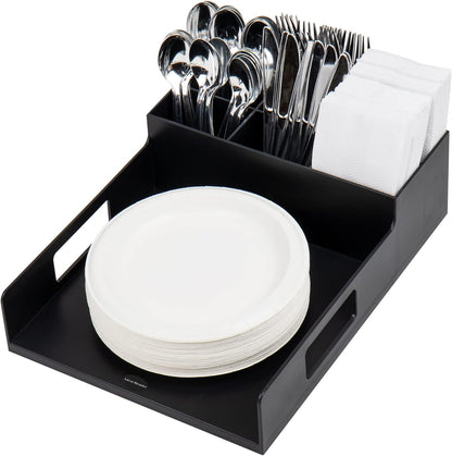 Mind Reader Utensil Napkin and Plate Organizer Tray, Countertop Caddy with 7 Compartments, Holds Plates up to 10.5 Inches, Breakroom and Buffet Organizer, Plastic, Black