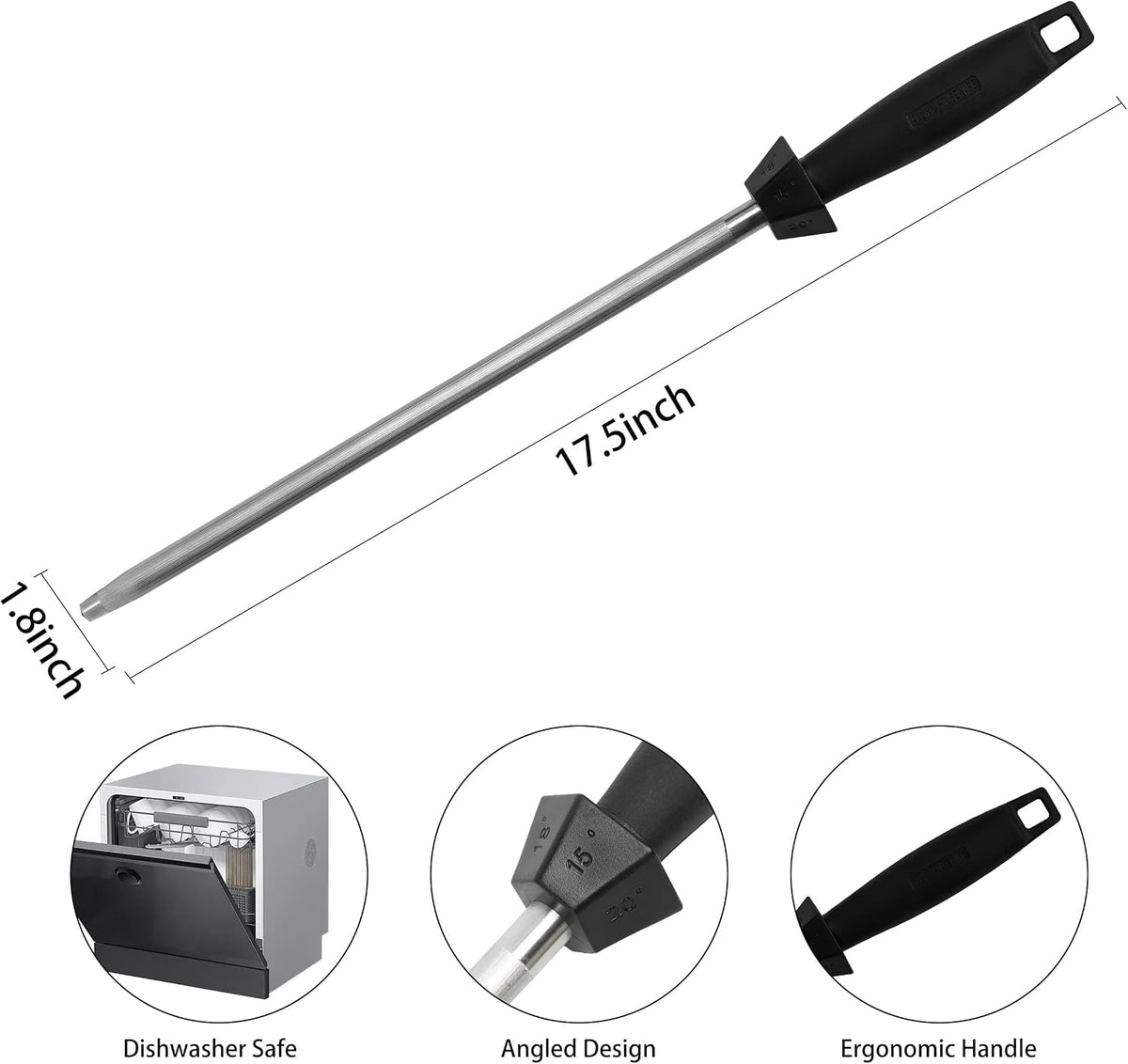 12-Inch Knife Sharpening Rod, Fine Carbon Honing Steel, Black Handle