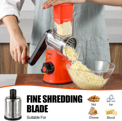 Geedel Rotary Cheese Grater, Kitchen Mandoline Vegetable Slicer with 3 Interchangeable Blades, Easy to Clean Rotary Grater Slicer for Cheese, Vegetables, Nuts