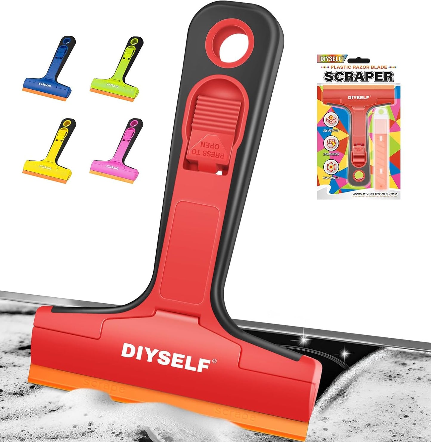 DIYSELF Razor Blade Scraper, 1 Pack Scraper Tool with 10pcs 4-Inch Blades, Razor Scraper for Cleaning Glass, Window, Stove Top, Oven, Kitchen, Cooktop, Shower Door, Sticky Residue, Tile, Wallpaper
