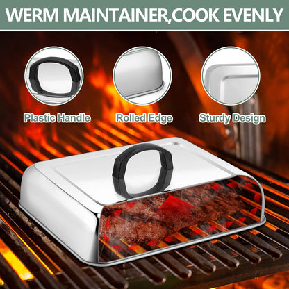 Leonyo 13 x 9 Inch Rectangular Basting Cover Set of 2, Stainless Steel Cheese Melting Dome Lid with Adjustable Vent Heavy Duty for Outdoor&Indoor Flat Top Griddle Accessories Teppanyaki BBQ Grilling