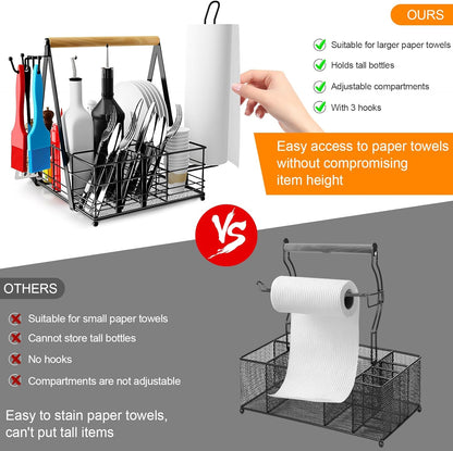 JBBTOOL Grill Caddy with 2 Paper Towel Holders, BBQ Caddy for Outdoor Grill, Picnic Condiment Utensil Caddy, Camping Essentials, RV, Tailgating, Grilling Accessories, Camping Kitchen, Gifts for Men