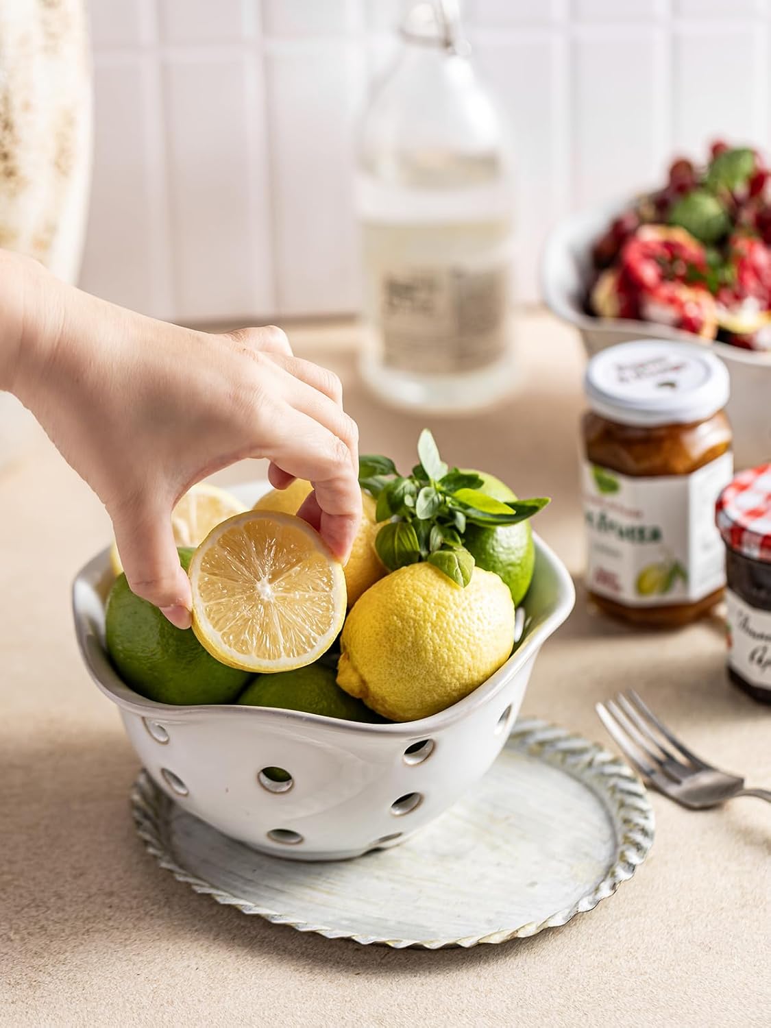 Gomakren Berry Bowls with Holes Ceramic, Berry Washing Bowl Basket Set of 2, 5.8 Inch Round Fruit Bowl Storage Containers, Strawberry Baskets, Farmhouse Kitchen Decor, Yellow + Brown
