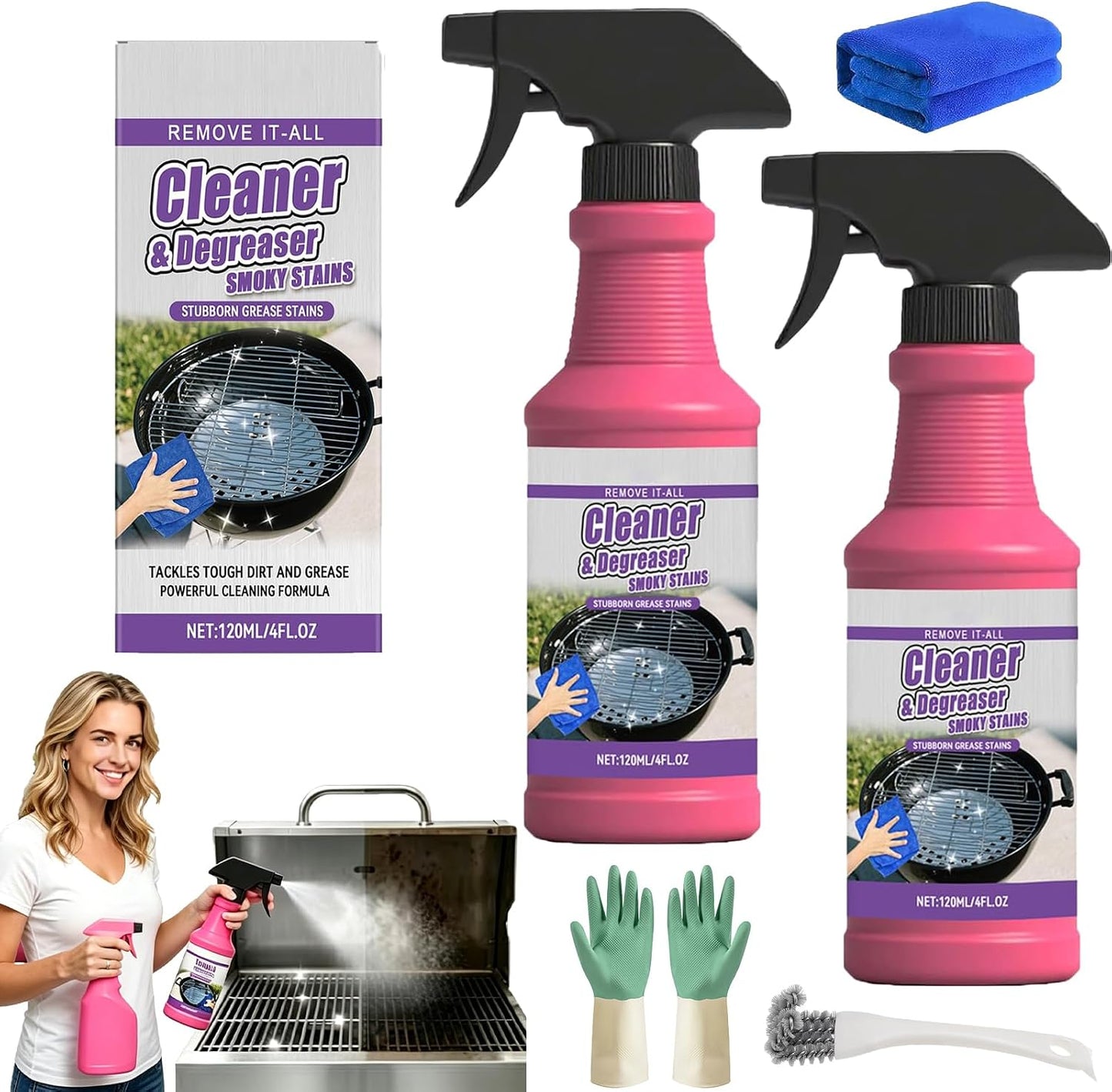 Fast Acting Heavy Duty Grill Degreaser Spray,2026 New BBQ Degreaser Cleaner Heavy Duty,120 ML Outdoor Grills Cleaner,Easily Lifts Baked-On Carbon and Grease,For Kitchen Grates and Racks (3PC)