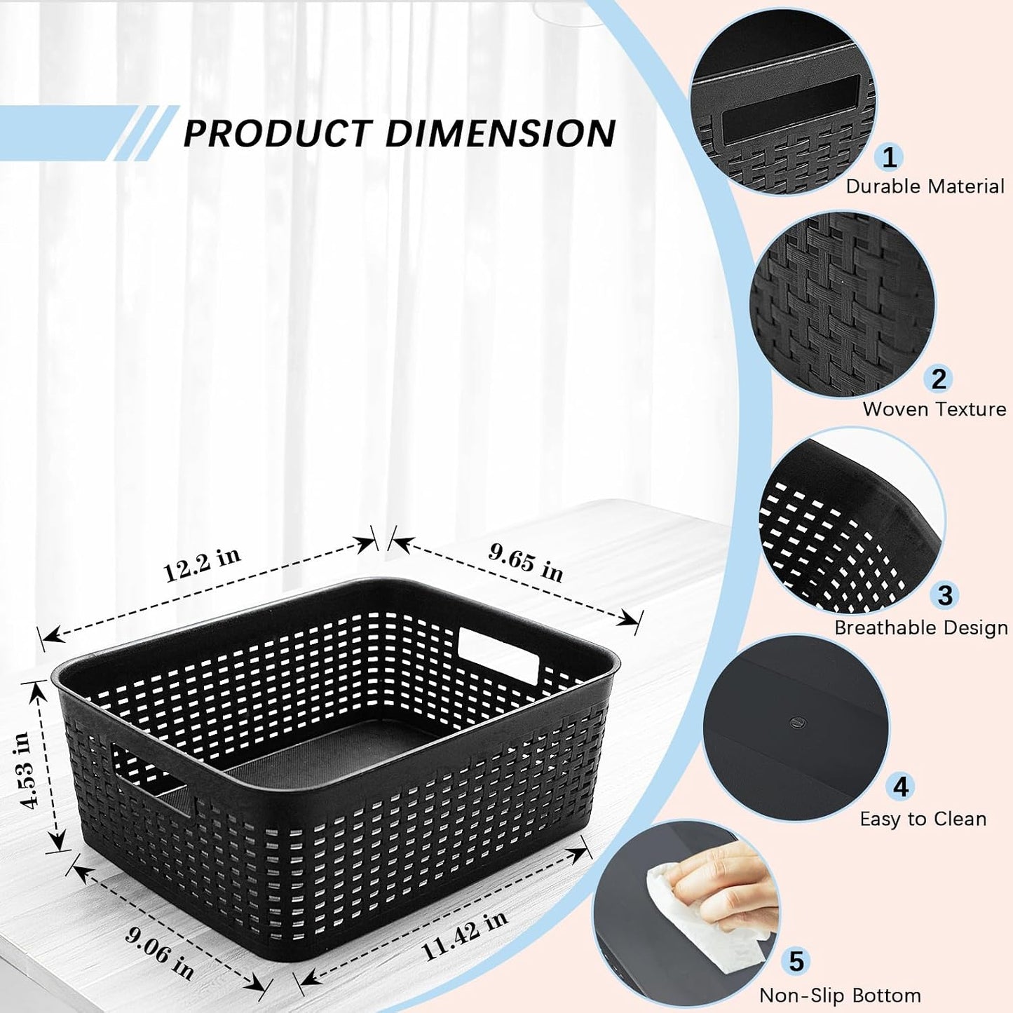 Soddeph Plastic Storage Baskets for Cabinets, Household Pantry Organization with Handle,Organizer Bins for Room,Bathrooms,Under-Sink,Kitchen (Black, L-3PACK)