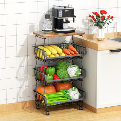 Gsiekare Fruit Vegetable Basket for Kitchen, 5 Tier Stackable Fruit Vegetable Storage Baskets with Wheels, Metal Wire Storage Basket Organizer Baskets for Kitchen, Pantry, Bathroom