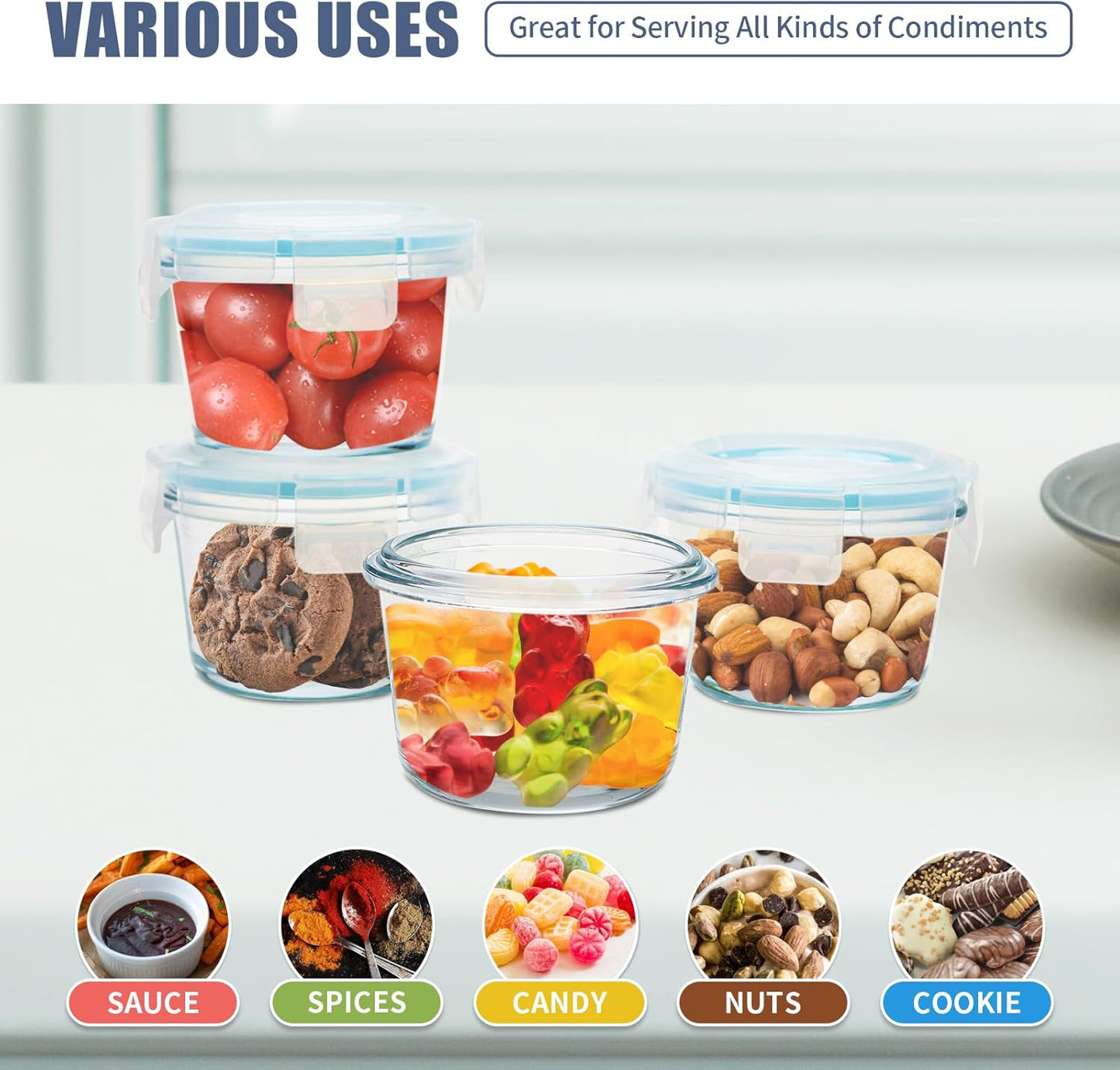 Small Glass Containers 6 Pack, 6 oz Reusable, Airtight, Leakproof Mini Food Storage Containers with Lids