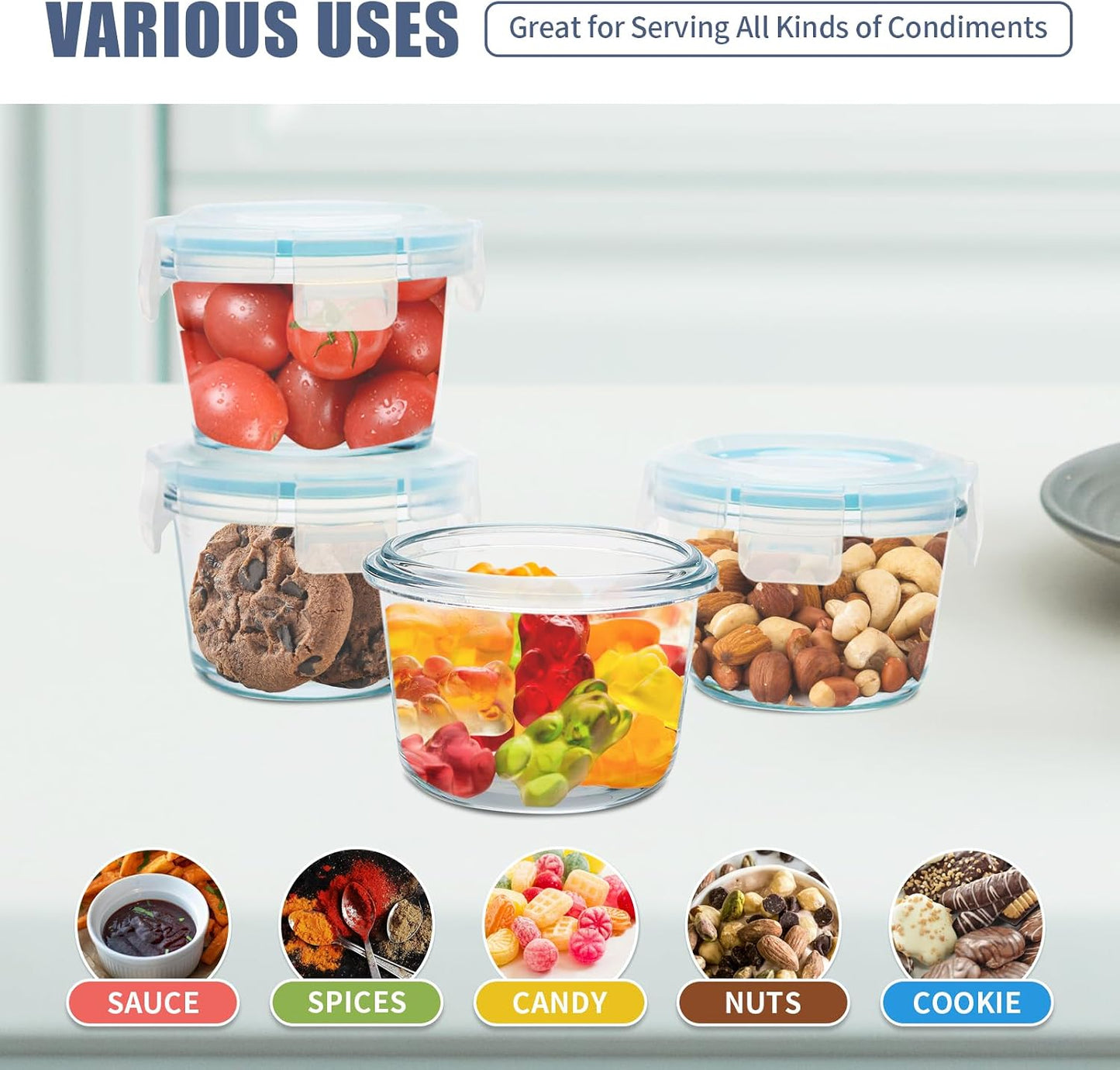 Small Glass Containers 6 Pack, 6 oz Reusable, Airtight, Leakproof Mini Food Storage Containers with Lids