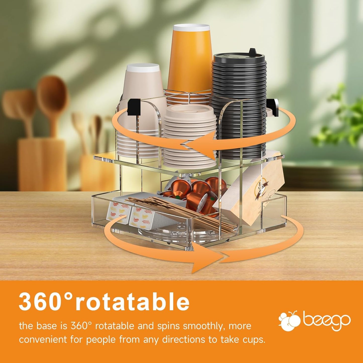Beego Rotatable 4-Compartment Acrylic Cup Dispenser - Coffee Station Cup and Lid Carousel Countertop Plastic Cup Holder for Restaurant Breakroom Coffee Bar