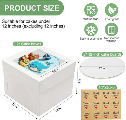 2 Pack Cake Boxes, 12x12x8 Inches Tall Cake Box with Cake Boards, White Bakery Boxes with Large Window, Disposable Cakes Transport Containers with Lids, for Cookies, Pies, Wedding, Birthday