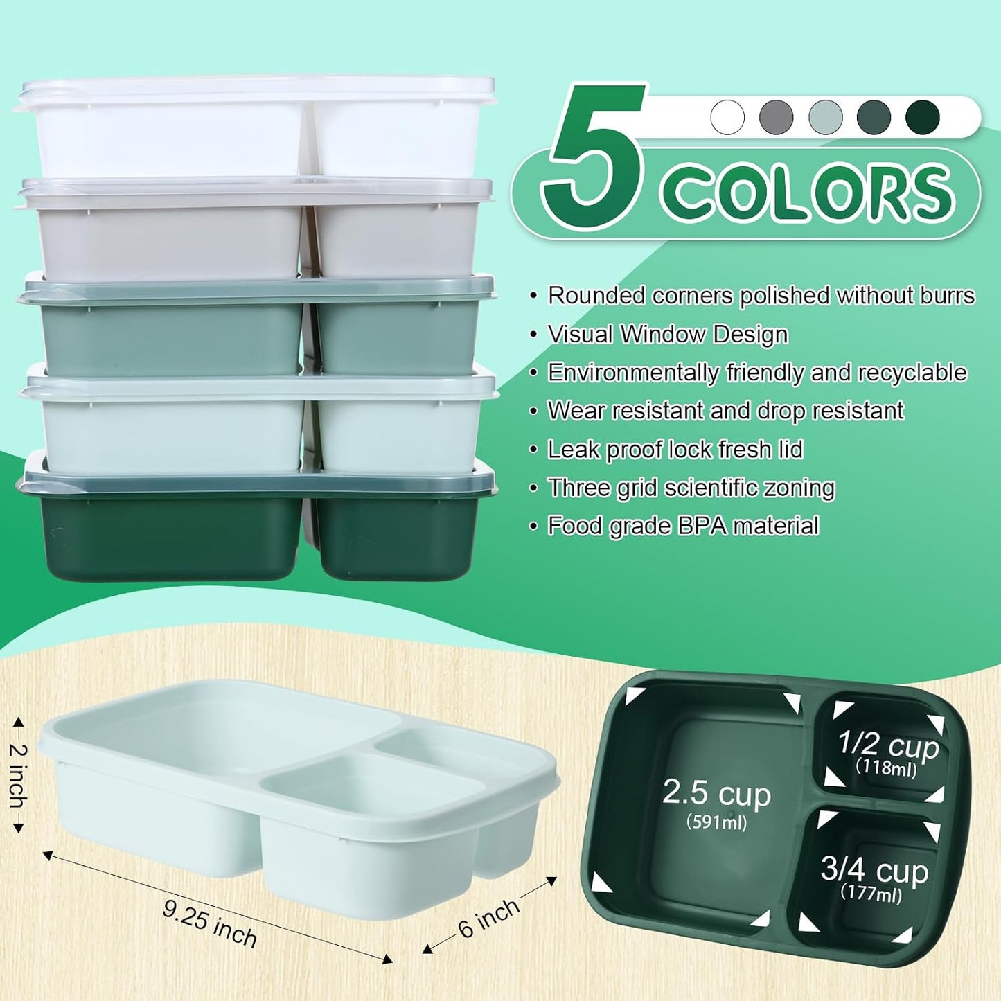 Honeydak 5 Pack Snack Containers 3 Compartment Bento Snack Boxes Divided Meal Prep Containers with Lids Reusable Adults Lunch Food Storage Box for School Work Travel(Elderberry)