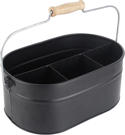 Alpha Living Home Galvanized Metal Utensil Caddy - Rustic Farmhouse Organizer Metal Garden Caddy with 4 Compartments and Wooden Handle for Kitchen, Buffet & Outdoor Events (Silver)