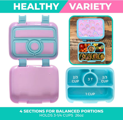Kids Lunch Box - Bento Box for Boys Toddler Daycare, 4 Portion Sections with Lid, Snack Container Pre-School Kid Lunches Toddlers Removable Tray BPA Free, 3+ Years Old, Blue Rocket Dinosaur