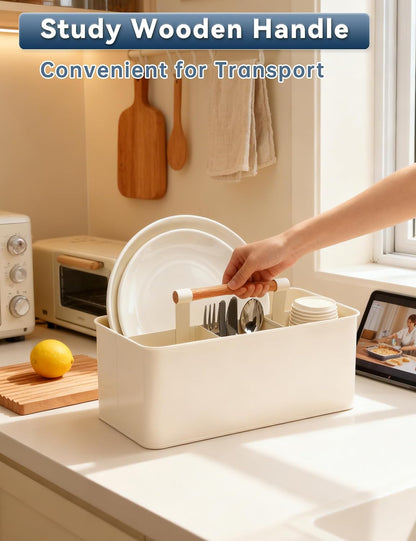 Caddy Organizer with Wooden Handle, Metal Utensil Caddy with 4 Compartments, Picnic Caddy Paper Plate Organizer Utensil Holder for Party