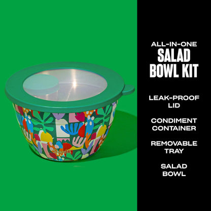 S'well Stainless Steel Salad Bowl Kit 64oz, Peacock Blue, Comes with 2oz Mini Canister and Removable Tray for Organization, Leakproof, Easy to Clean, Dishwasher Safe