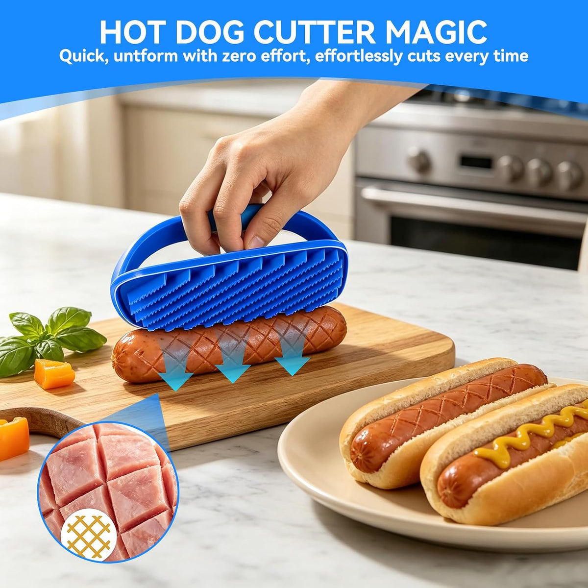 HERCHR Hot Dog Cutter Criss Cross, Hot Dog Cross Hatch Cutter Hot Dog Slicer Tool with 15 Sharp Blades, Sausage Press and Spiral Cutter for Even Grilling, Indoor Outdoor Camping Backyard Use