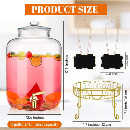 Glass Beverage Drink Dispenser for Parties, 4 Gallon Beverage Dispenser with Stand Stainless Steel Spigot Glass Lid Leakproof, Drink Containers、parties Jugs for Lemonade, Juice, Tea, Gold