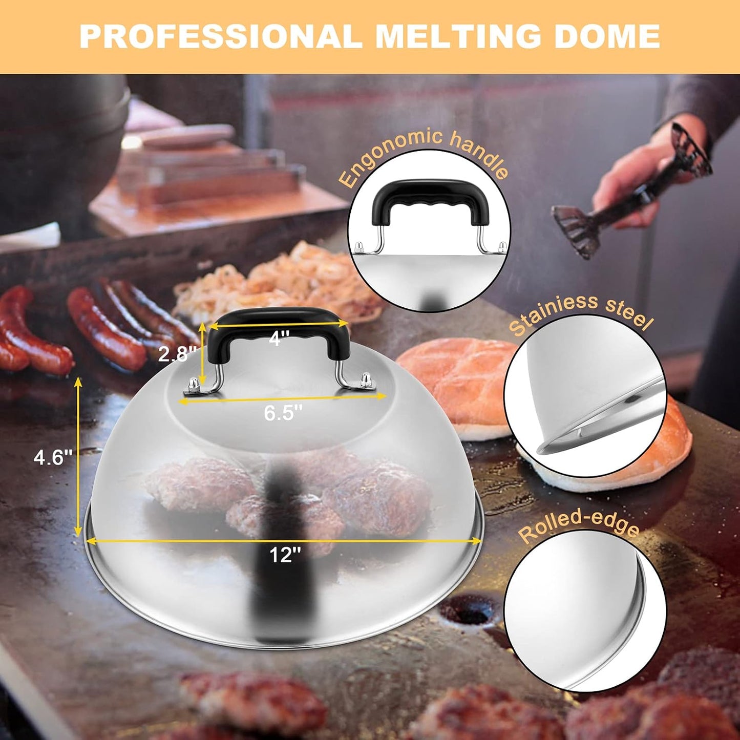 HaSteeL Cheese Melting Dome Set of 2, 12 Inch Round Basting Cover Metal Steam Cover, Stainless Steel Griddle Accessories for Flat Top Grill/Outdoor BBQ/Kitchen Cooking